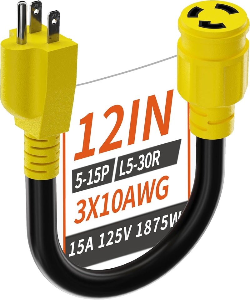 PlugSaf 3 Prong 15 Amp to 30 Amp RV Generator Adapter Cord, NEMA 5-15 Male Plug to NEMA L5-30 Female Plug, 12 Inch(1 FT) 10 Gauge STW Heavy Duty Power Cord, Max 15A 125V 1875W, Yellow, ETL Listed - Image 1